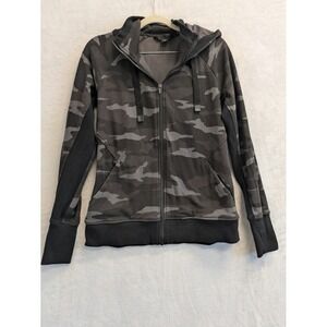 Athleta Camo Zip Up Hoodie Jacket Thumbholes Black Gray‎ Womens Small